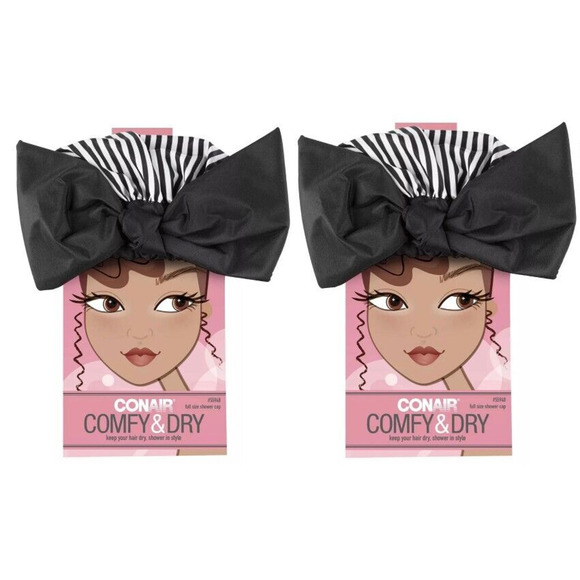 Conair Bath 2 Pack Conair Comfy Dry Full Size Bow Shower Cap Black White Stripe 55948 Poshmark